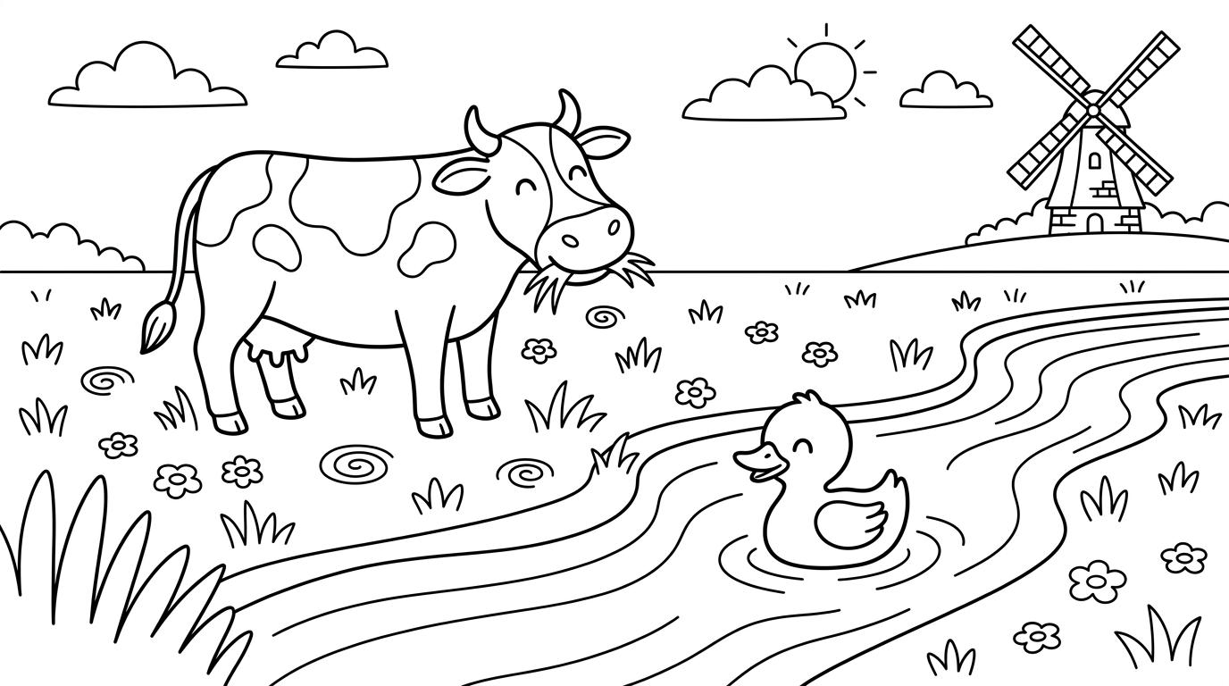 Coloring page of A cow eating grass