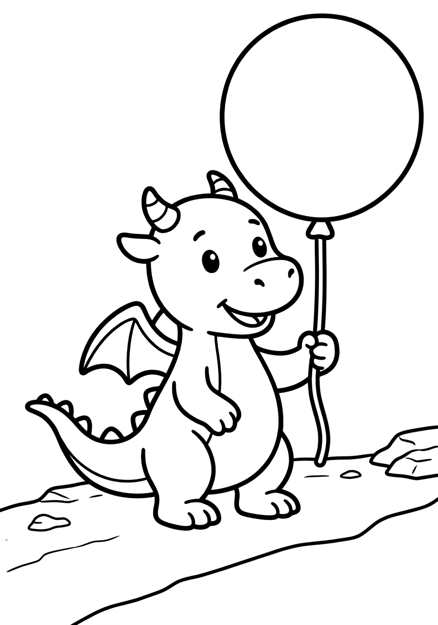 Coloring page of Baby dragon with a balloon
