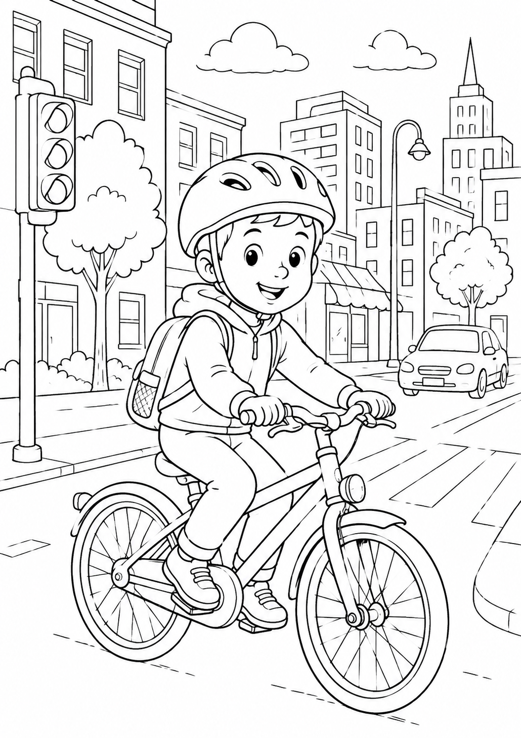Coloring page of Biking in the city