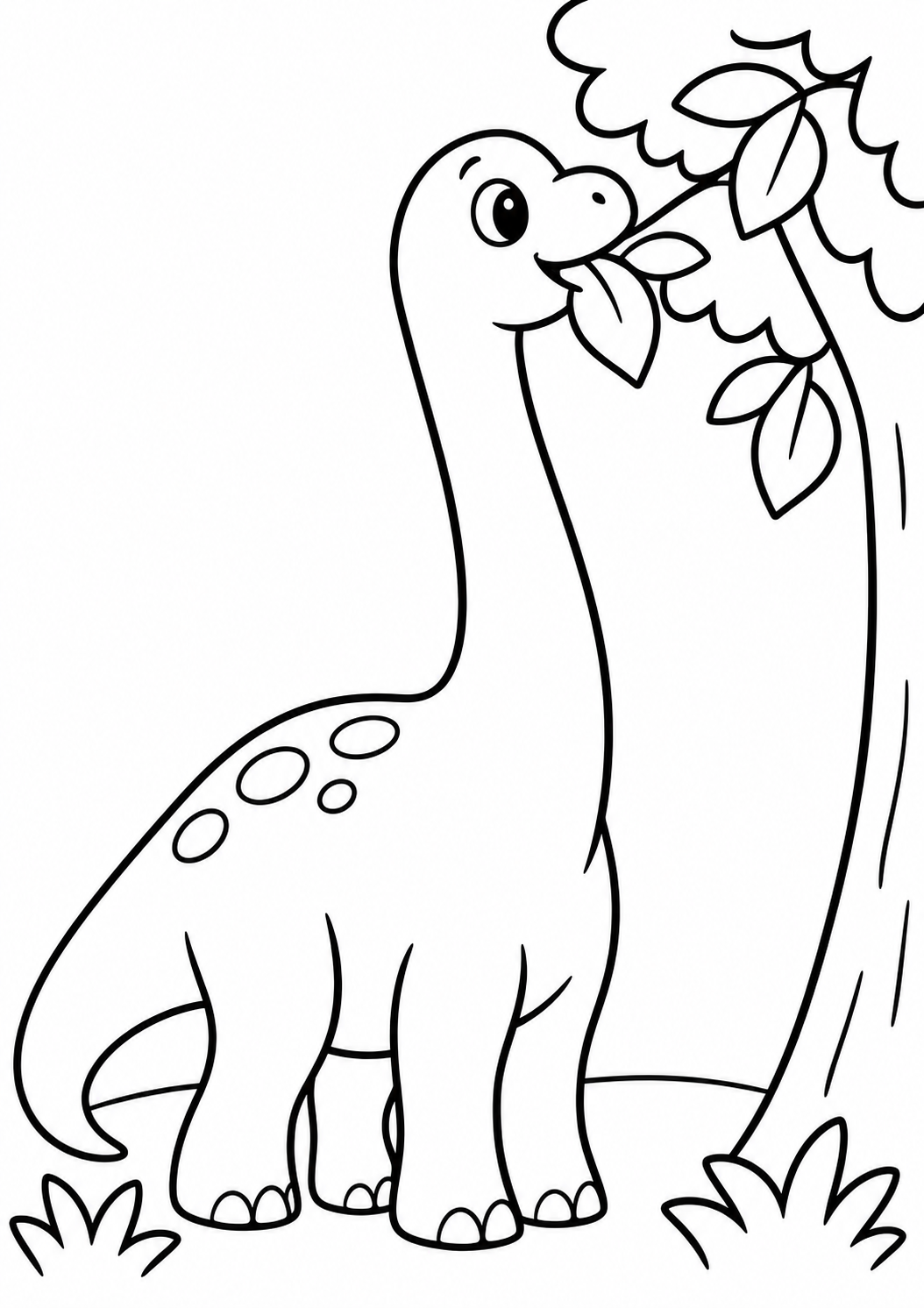 Coloring page of Cute Brontosaurus Eating Leaves Coloring Page