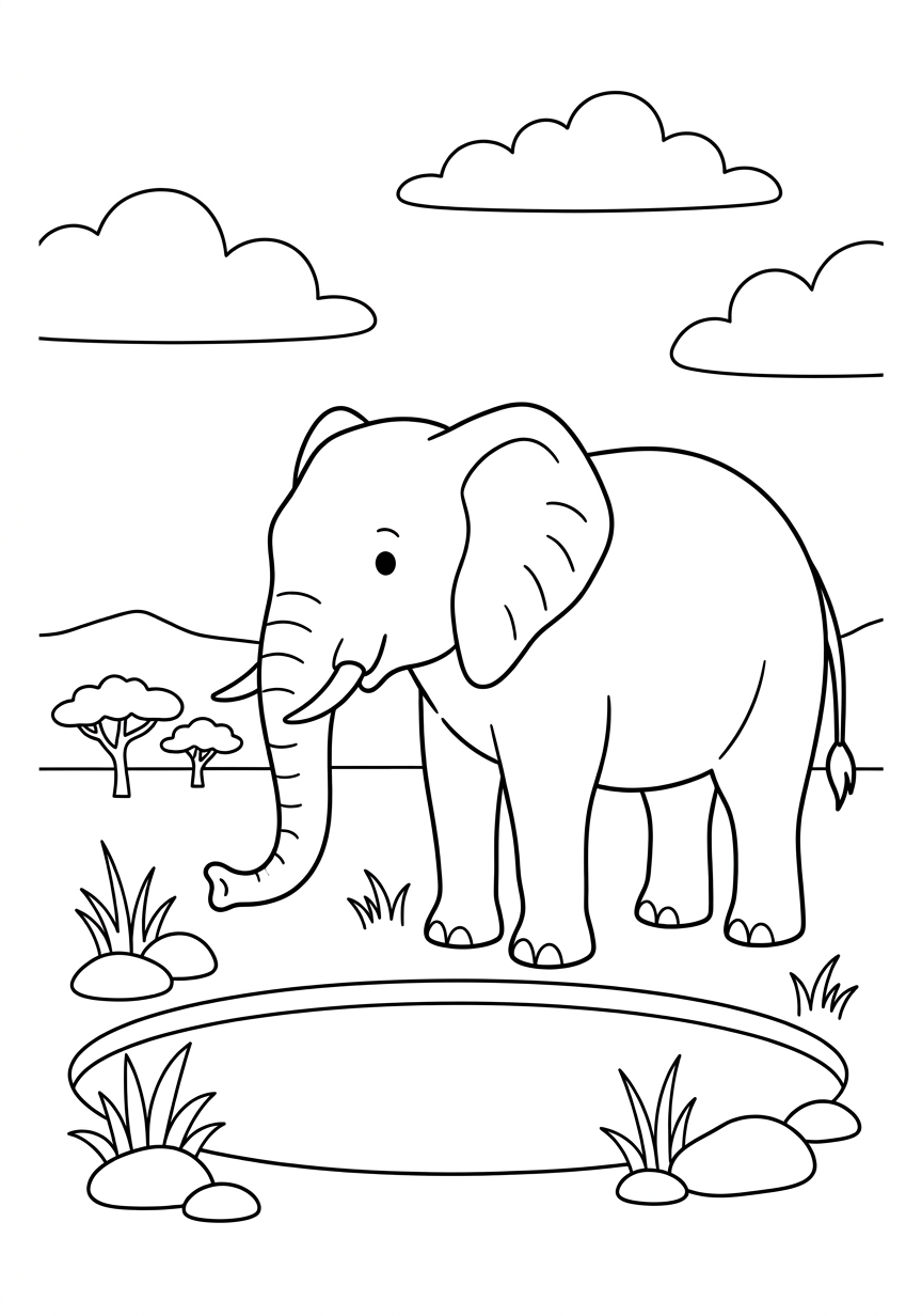 Coloring page of Cute Elephant by the Pond Coloring Page