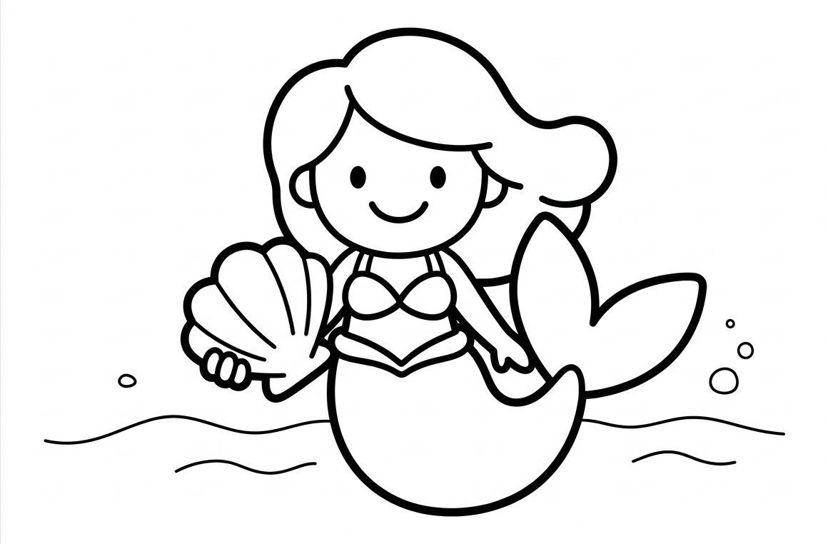 Coloring page of Cute Mermaid with Seashell Coloring Page
