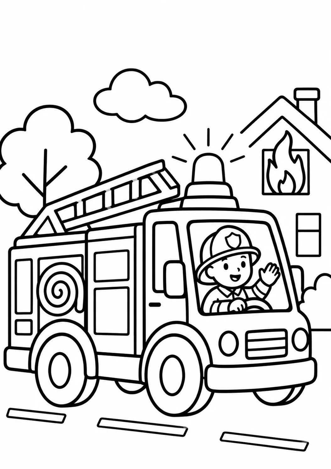 Coloring page of Fire Truck and Brave Firefighter Coloring Page