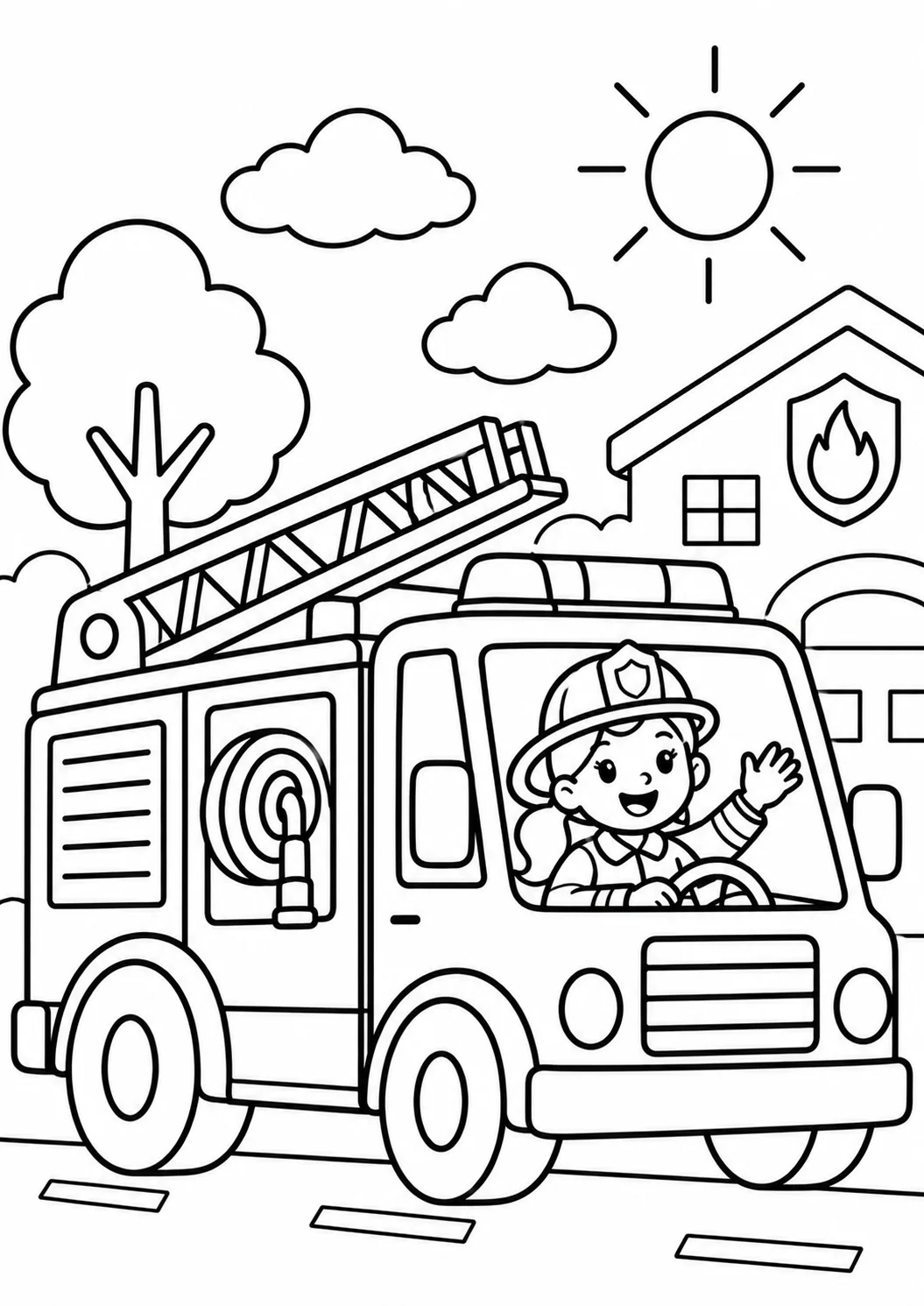 Coloring page of Fire Truck and Firefighter Girl Coloring Page