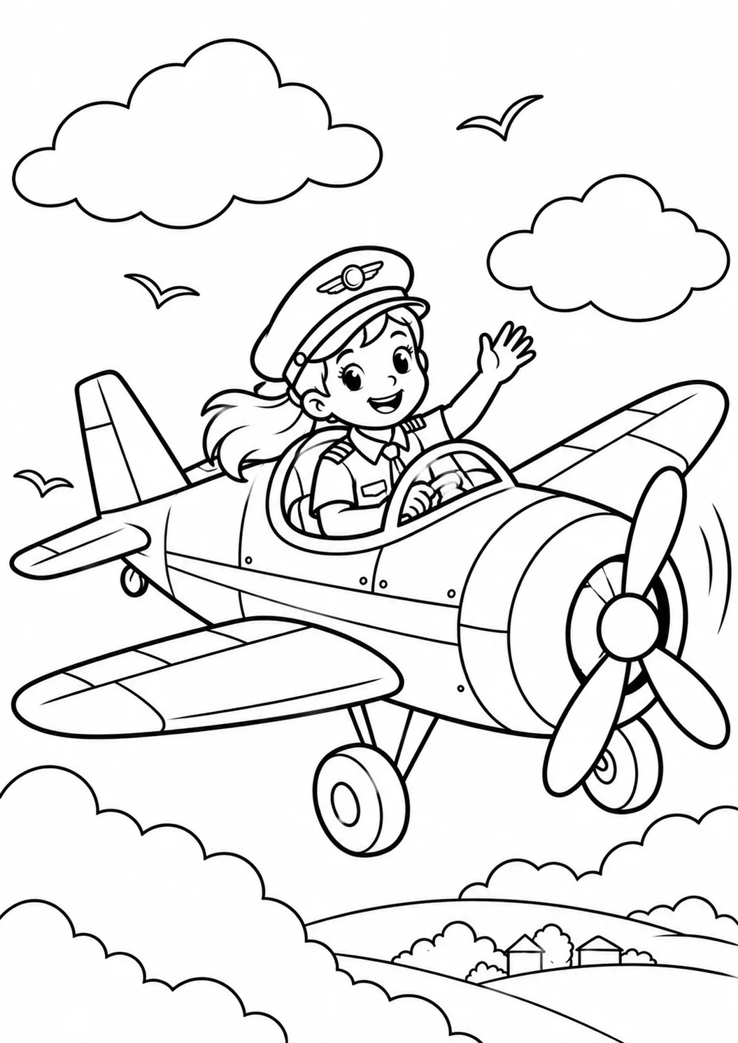 Coloring page of Girl Pilot Flying Airplane Coloring Page