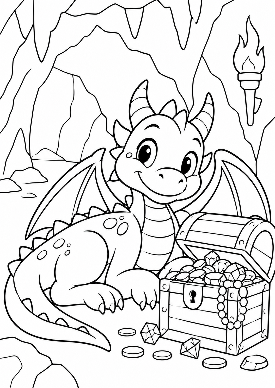 Coloring page of Happy dragon near it's treasures!