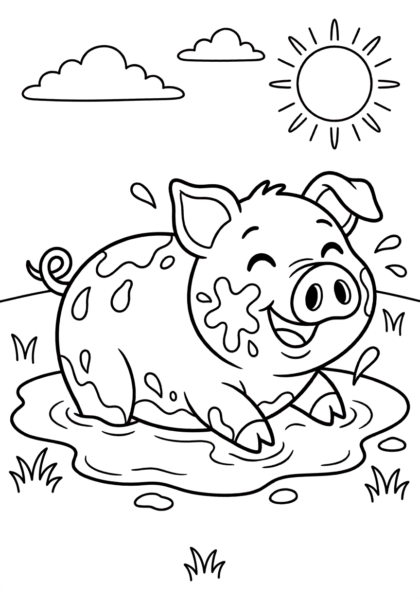 Coloring page of Happy pig in the mud