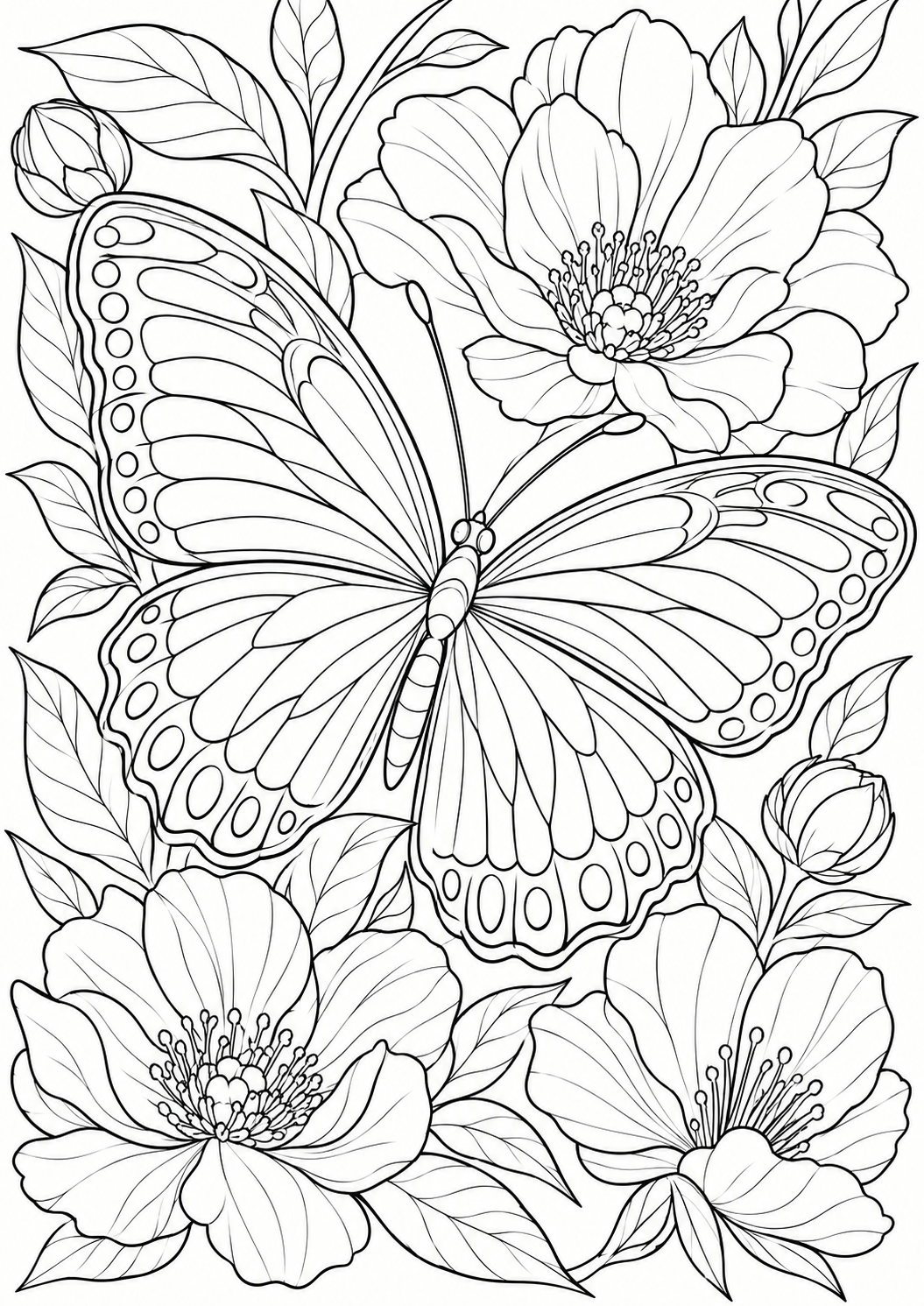 Coloring page of Intricate Butterfly and Flowers Coloring Page