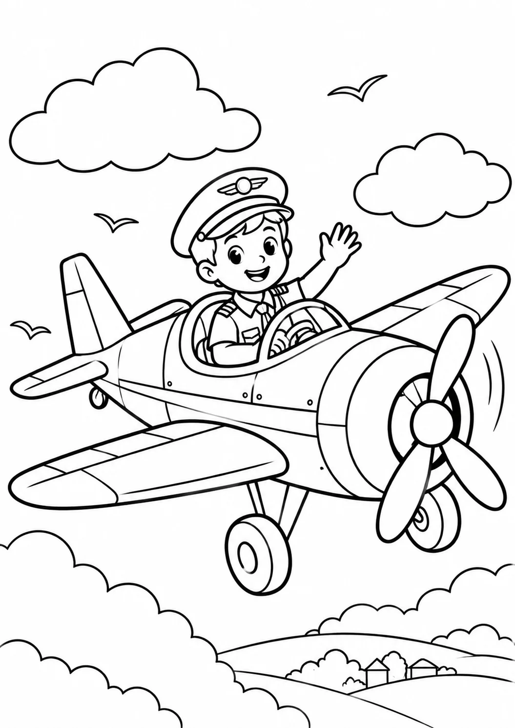 Coloring page of Little Pilot Flying Airplane Coloring Page
