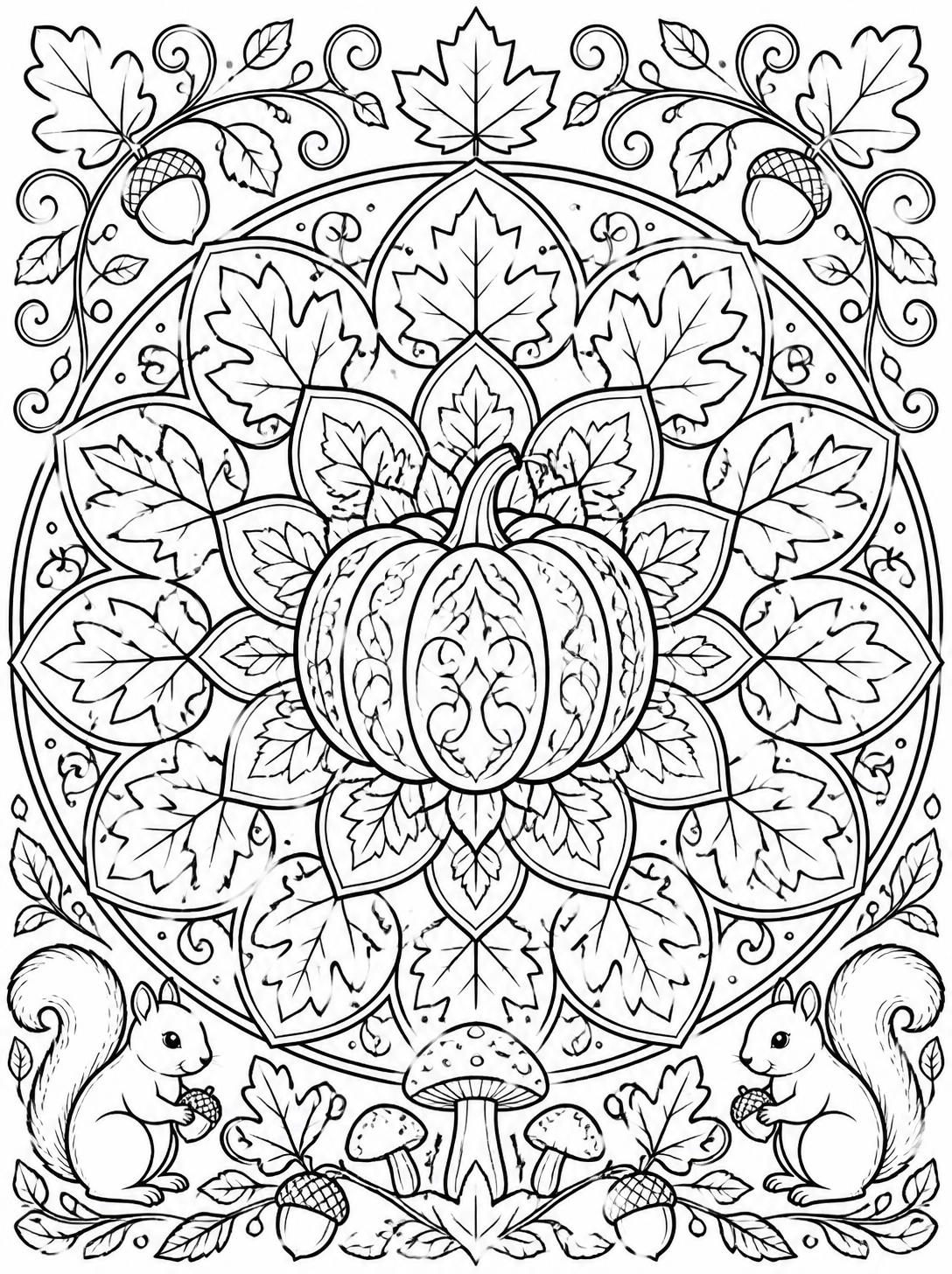 Coloring page of Mandala pattern pumpkin and squirrel