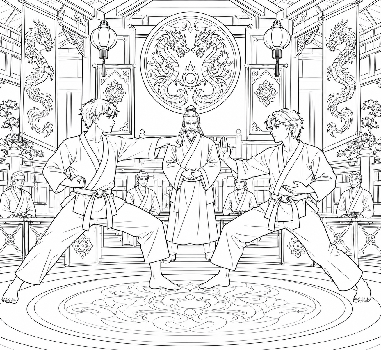 Coloring page of Martial Arts Dojo Sparring Coloring Page