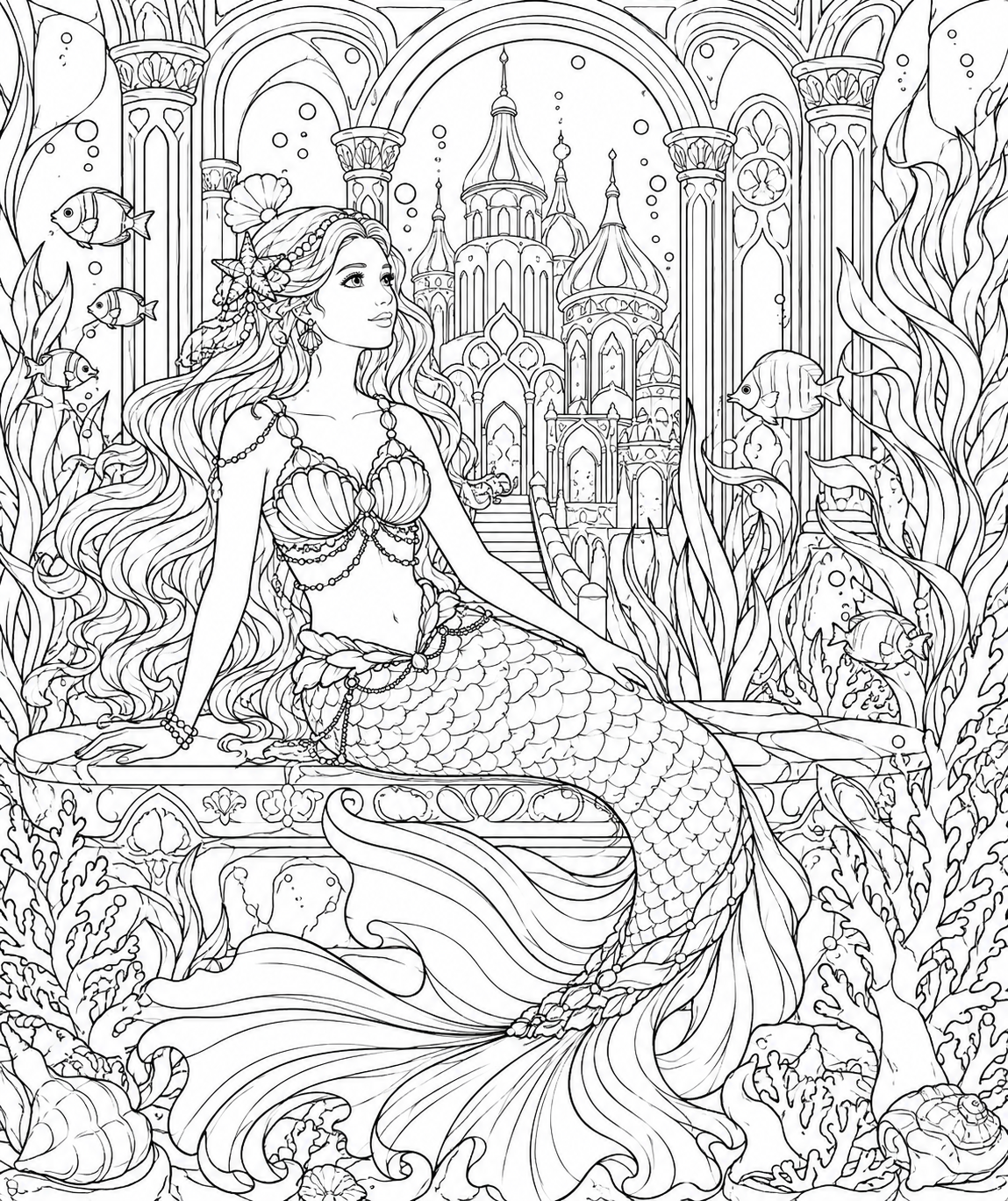 Coloring page of Mermaid in a sea palace
