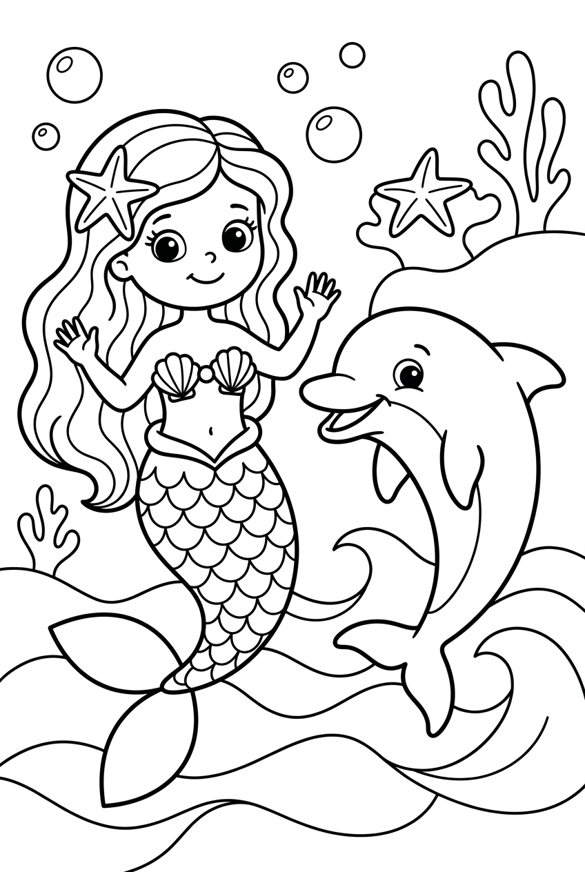 Coloring page of Mermaid with a Dolfin