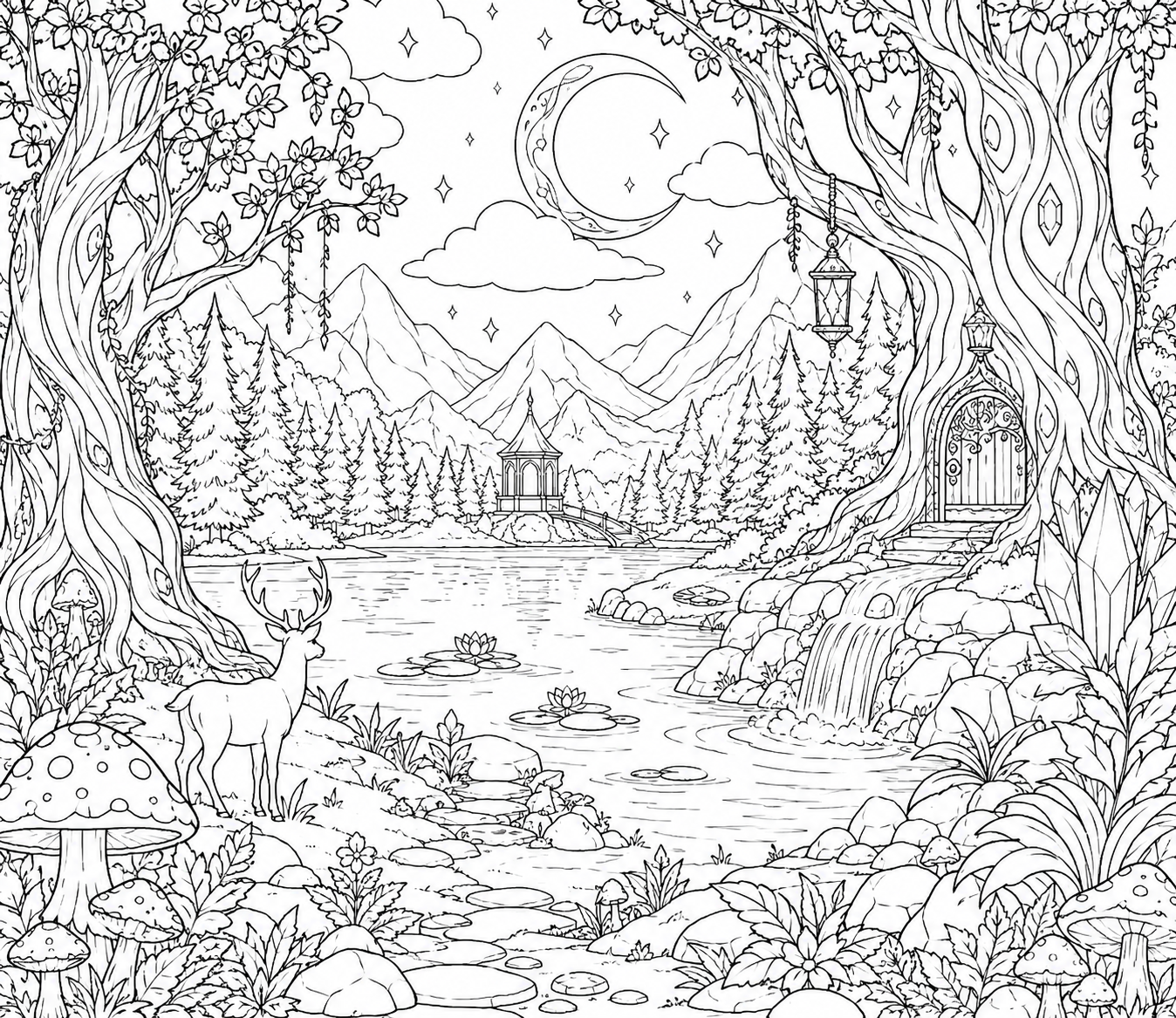 Coloring page of Mystical forest around a lake