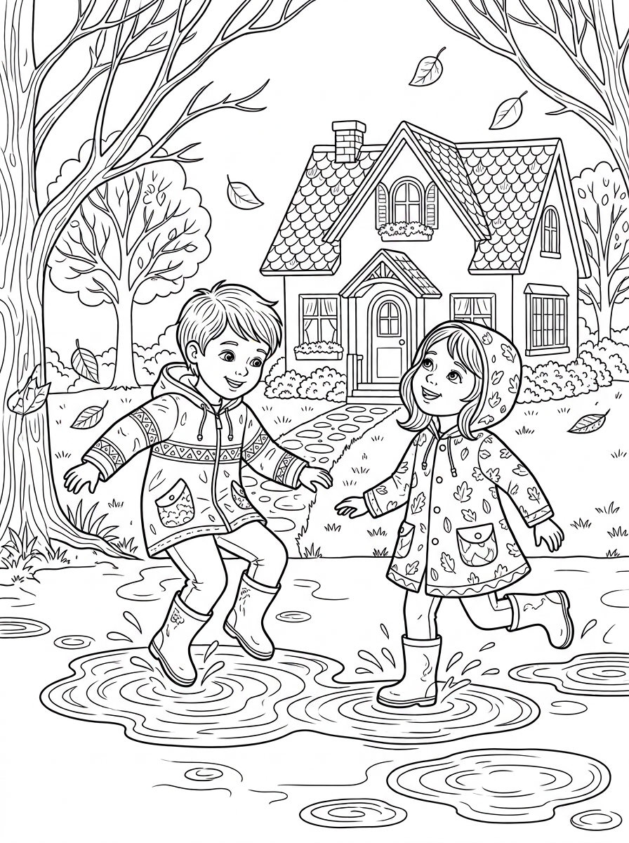 Coloring page of Playing in the rain