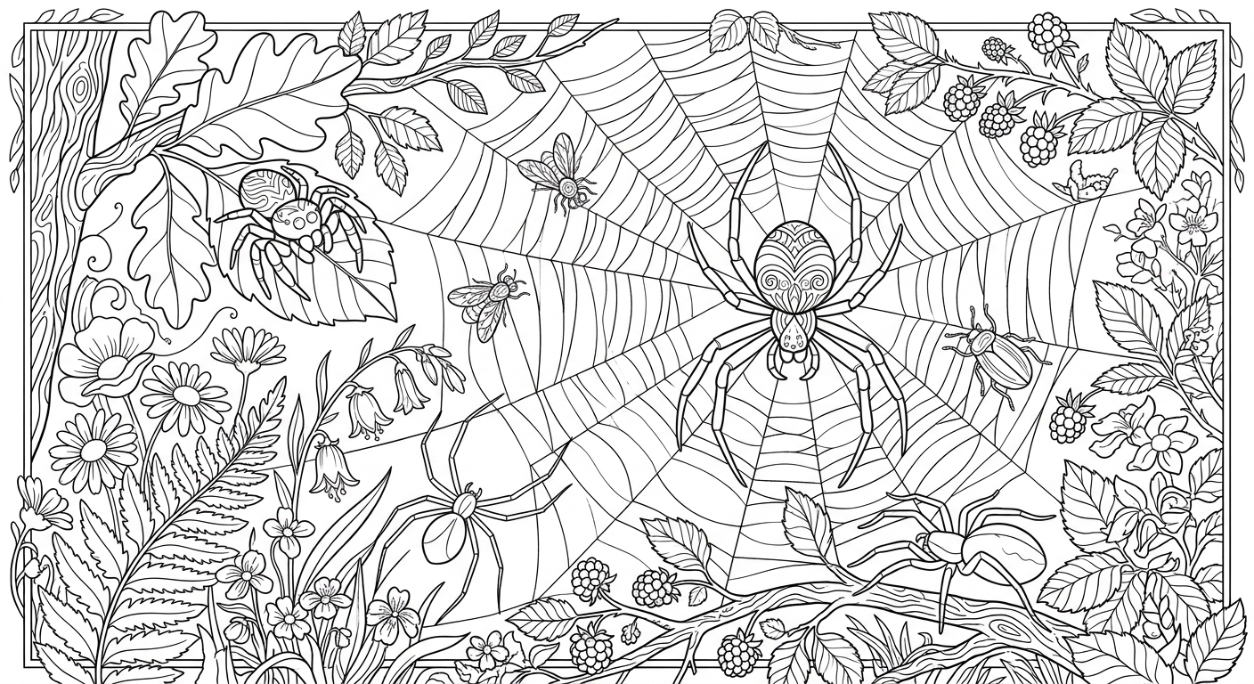Coloring page of Spiders in a web