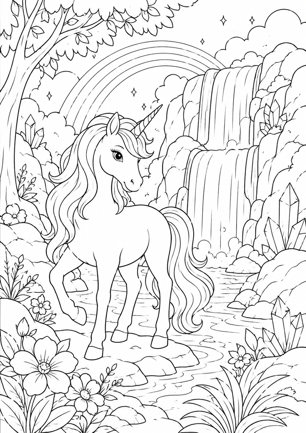 Coloring page of Unicorn near a magical waterfall