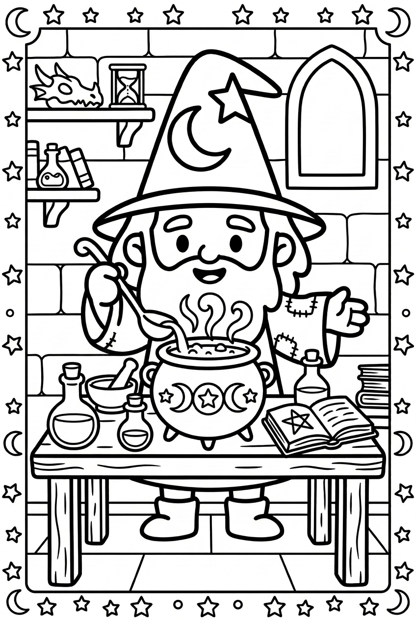Coloring page of Wizard making a potion